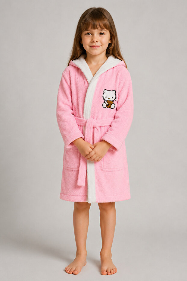 Children's Hooded Bathrobe 100% Cotton – Hello Bby Pink (5 – 6 Years Old)
