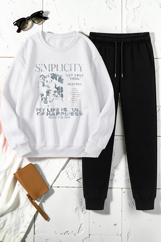 Unisex Simple City Design Printed Crew Neck Sweatshirt - 2-Piece Tracksuit Set