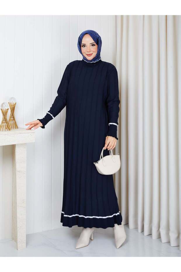 White Stripe Stone Detailed Knitwear Dress Navy Blue