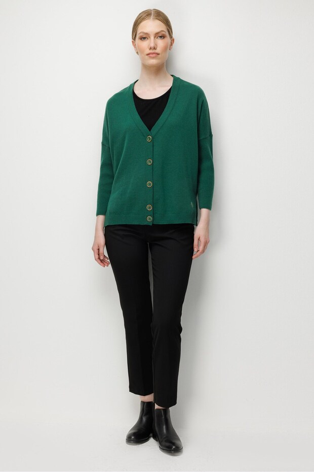 Women's V-Neck Low-Sleeve Slit Wool Cardigan Ö.Başı