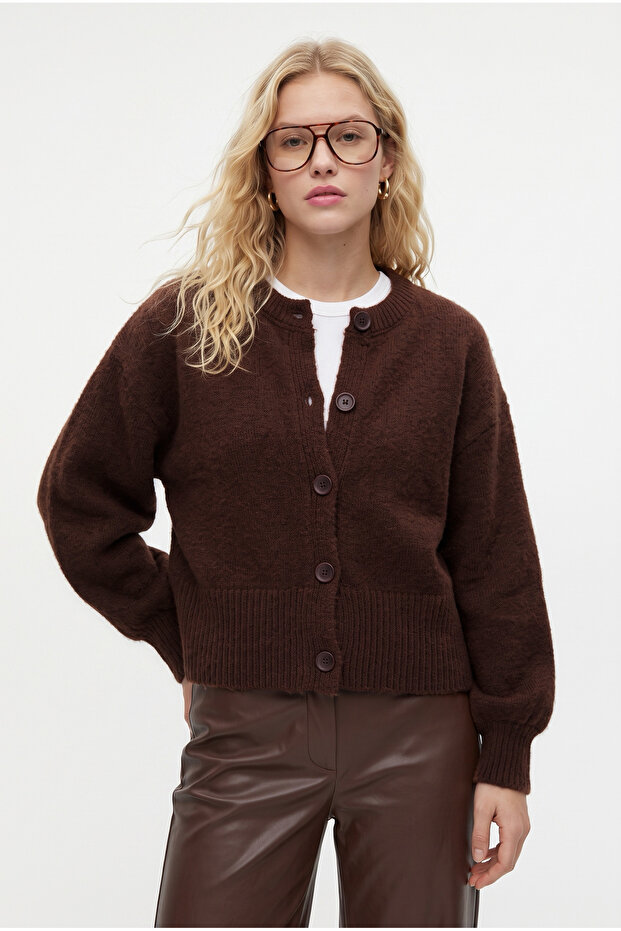 Women's New Keep Side Slit Soft Textured Dark Brown Basic Knitwear Cardigan