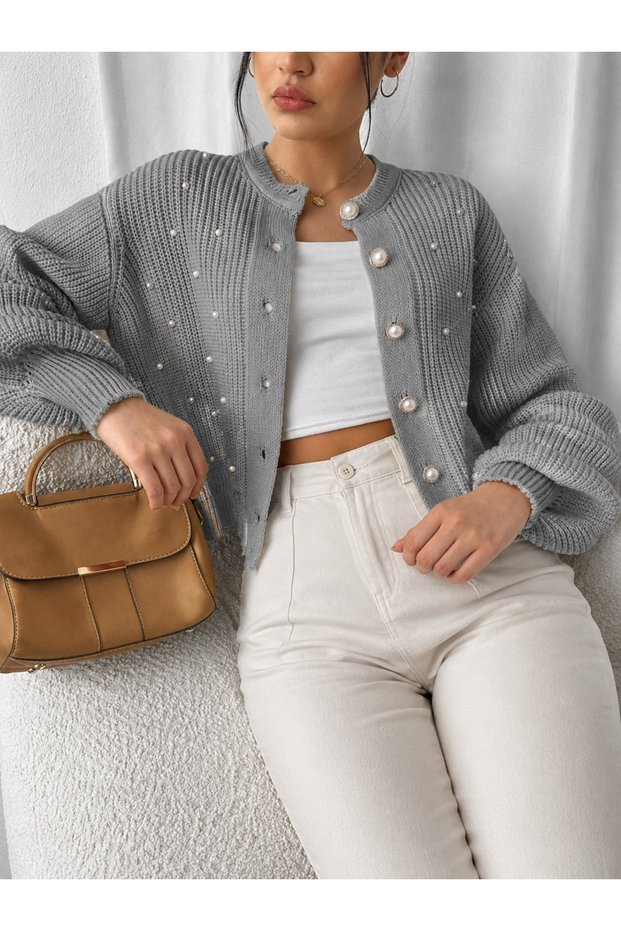 Women's Pearl Stone Detailed Knitwear Cardigan with Special Buttons and Balloon Sleeves, Stylish and Elegant Cardigan