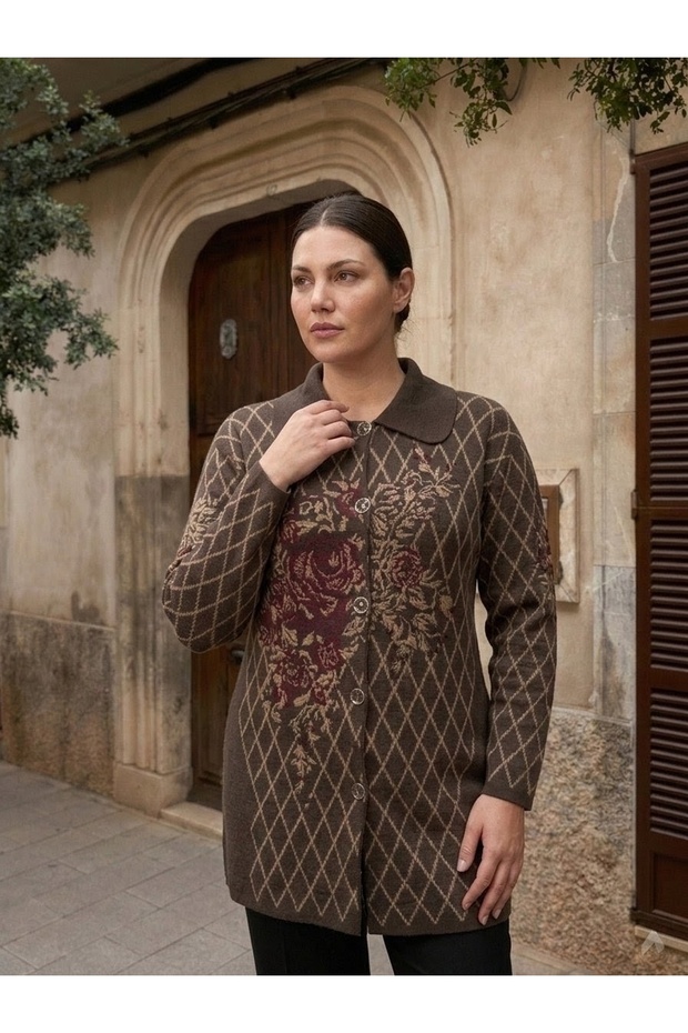 Plaid Rose Piqué Patterned Steel Knitted Women's Knitwear Coat