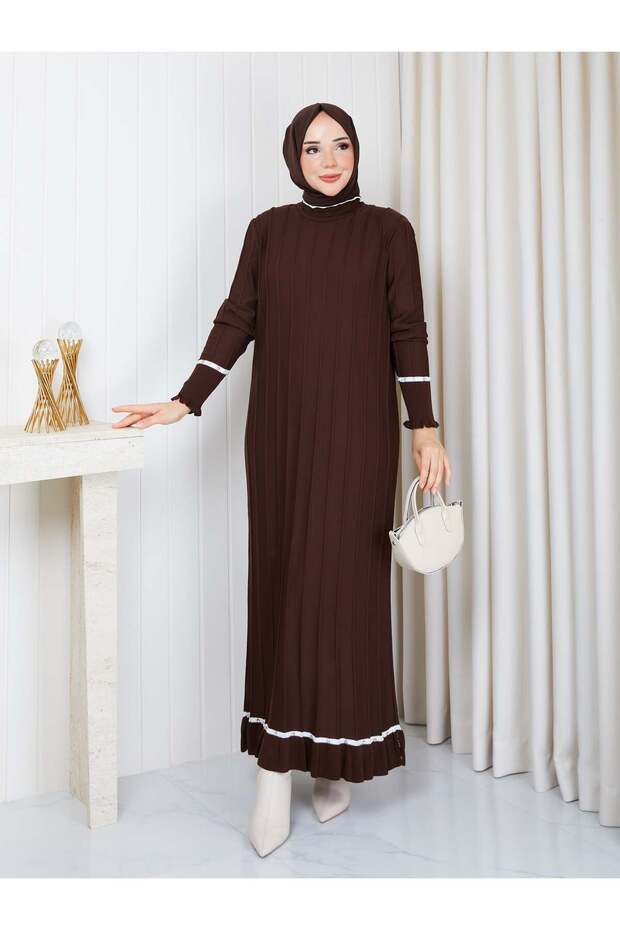 White Stripe Stone Detailed Knitwear Dress Brown