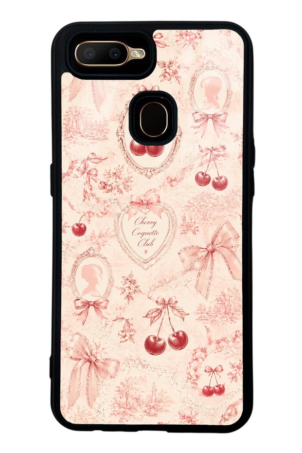 Oppo A5S Glossy Phone Case with Cherry Coquette Toile Design
