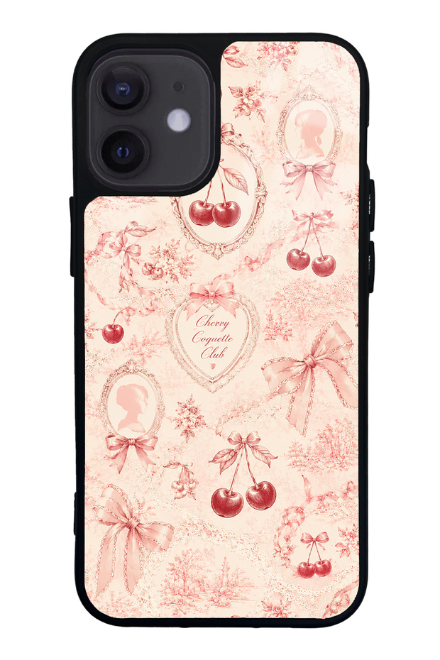 iPhone 12 Mini Glossy Phone Case with Cherry Coquette Toile Design
