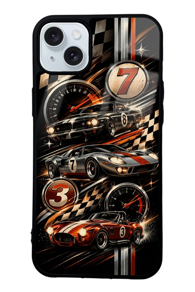 iPhone 15 Plus Glossy Phone Case with Retro Speed Icons Design
