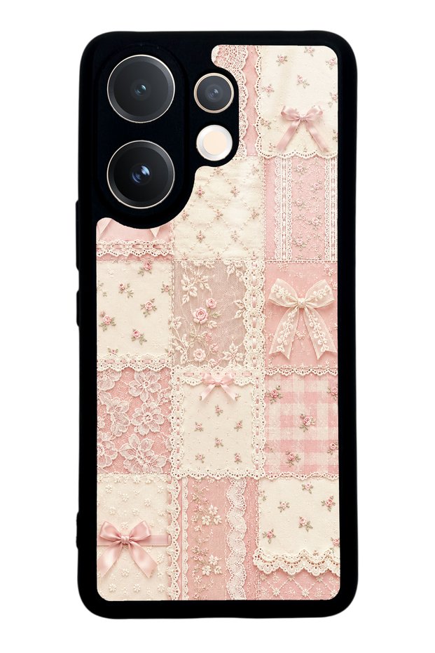 Vivo V60 Glossy Phone Case with Pink Lace Patchwork Design
