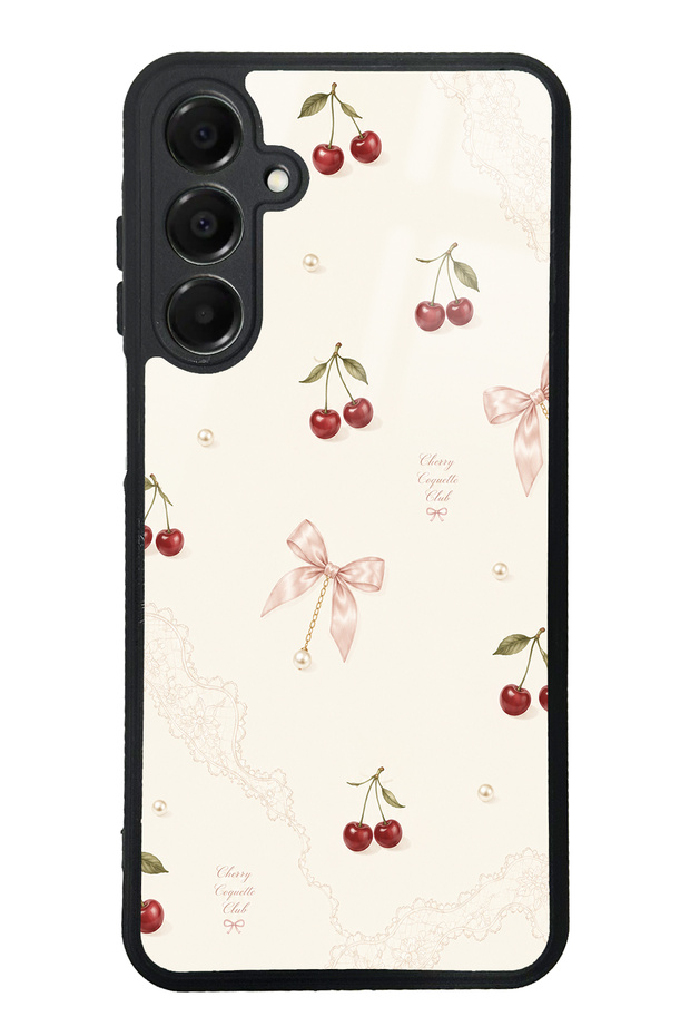 Samsung A16 Glossy Phone Case with Cherry Pearl Lace Design
