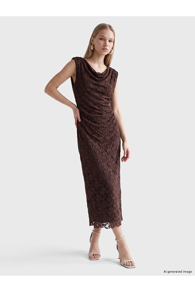Esvab • Modern & Distinctive Wide Roba Collar Gathered Ruched Dress