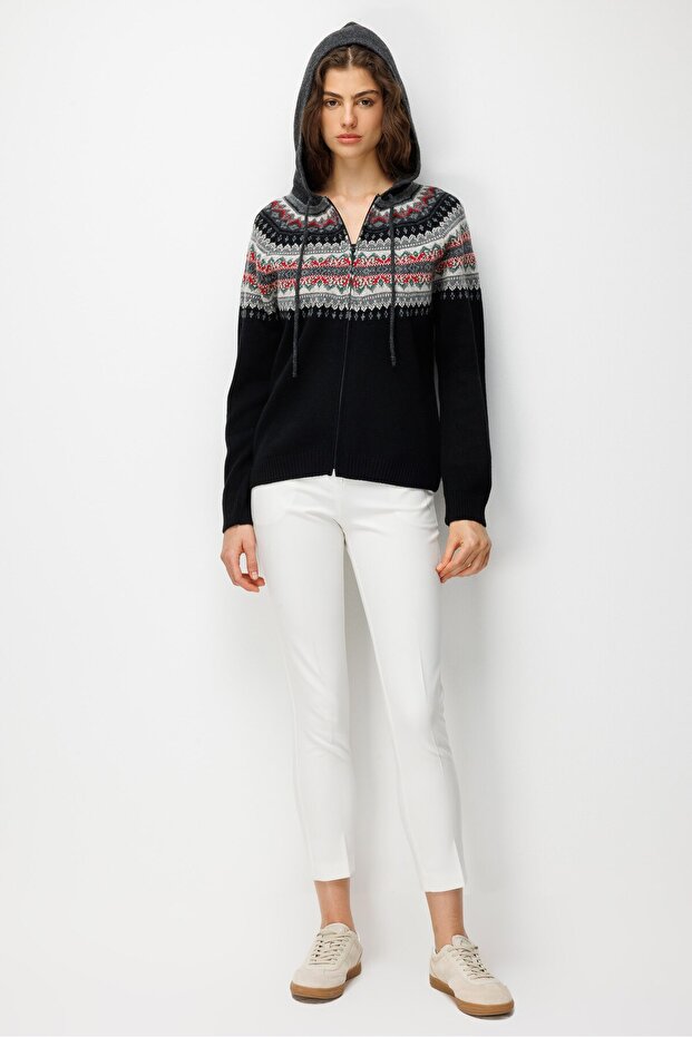 Women's Hooded Robe Jacquard Wool Cardigan Black