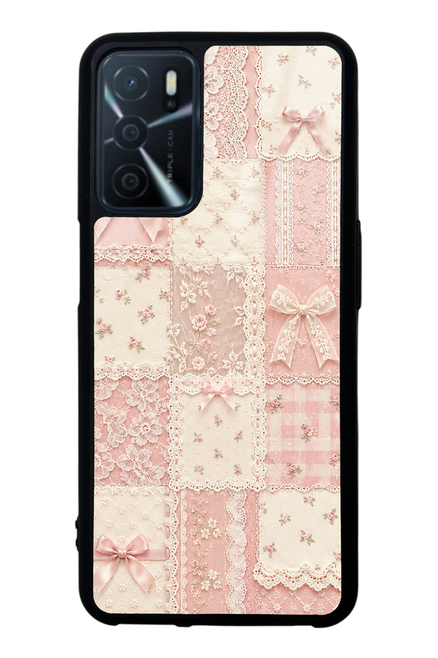 Oppo A16 Glossy Phone Case with Pink Lace Patchwork Design
