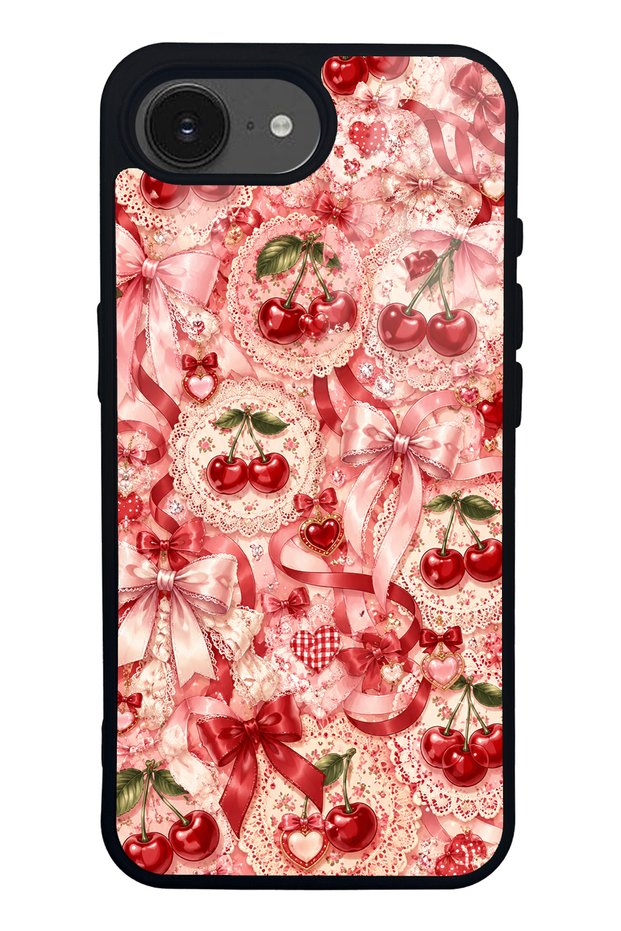 iPhone 16E Glossy Phone Case with Cherry Lace Fantasy Design