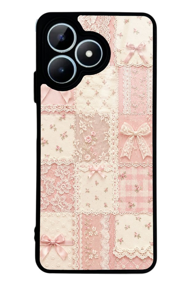 Realme Note 50 Glossy Phone Case with Pink Lace Patchwork Design