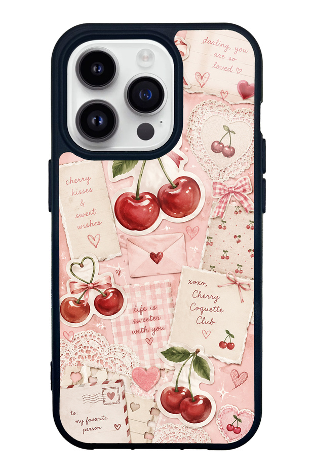 iPhone 14 Pro Glossy Phone Case with Cherry Love Letters Design