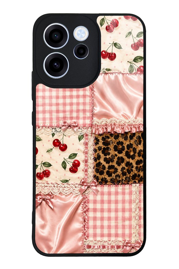 Oppo Reno 15F Glossy Phone Case with Cherry Leopard Patchwork Design