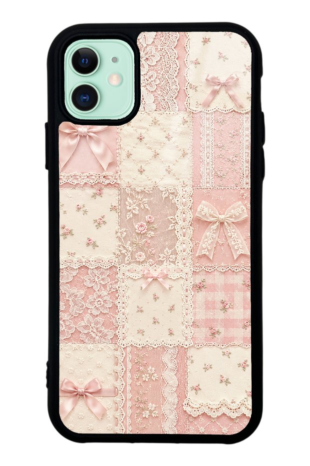 iPhone 11 Glossy Phone Case with Pink Lace Patchwork Design