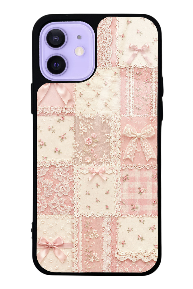 iPhone 12 Glossy Phone Case with Pink Lace Patchwork Design