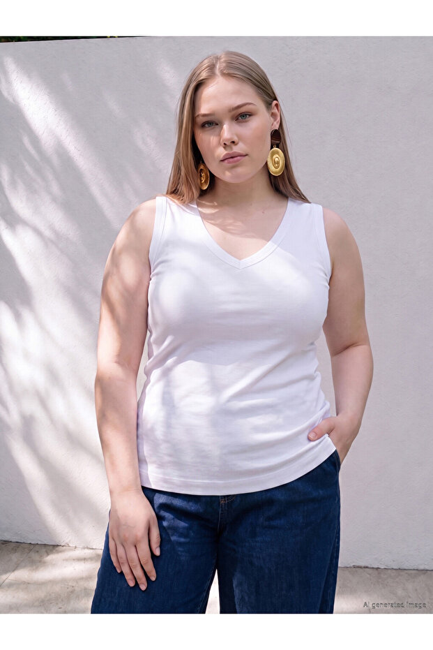 Vizyon New Season White Plus Size V-Neck Women's Undershirt