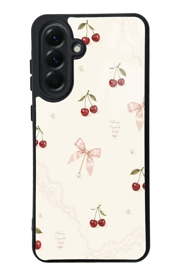 Samsung A56 Glossy Phone Case with Cherry Pearl Lace Design