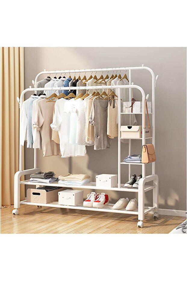 White Heavy Duty Double Pole Garment Rack with 2Tier Shelves-150 cm - MultiFunctional Clothes Trolley
