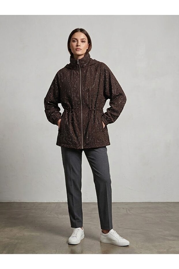 Stone Printed Hooded Drawstring Waist Zippered Coat 10720