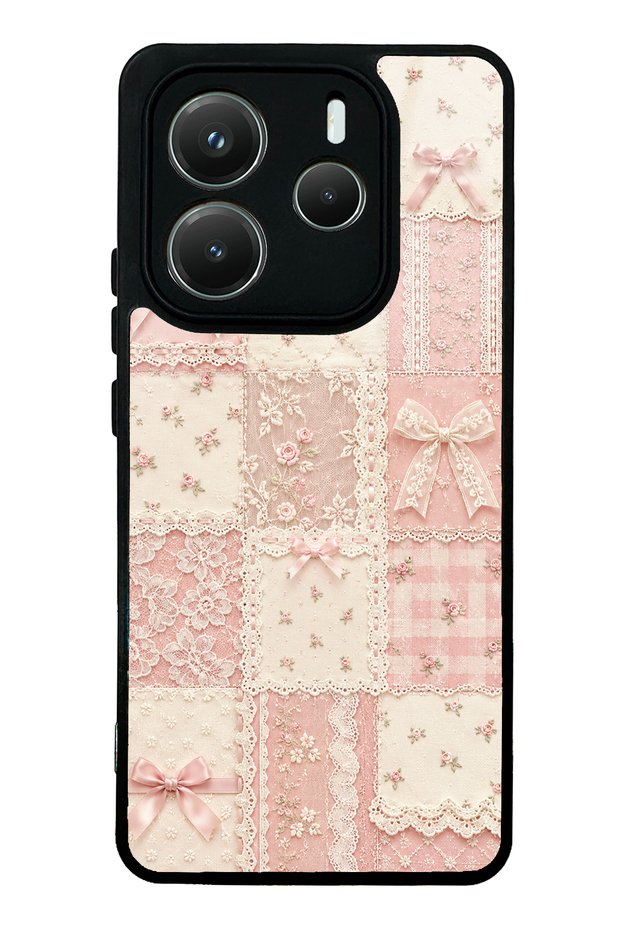 Xiaomi Redmi Note 14 5g Glossy Phone Case with Pink Lace Patchwork Design