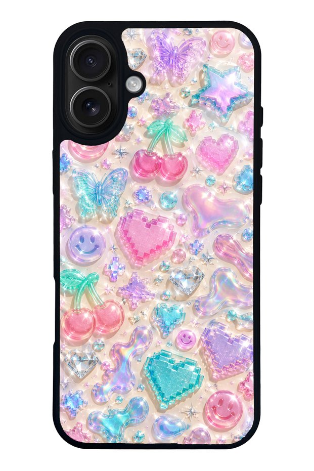 iPhone 16 Plus Y2K Glossy Phone Case with Jelly Charms Design