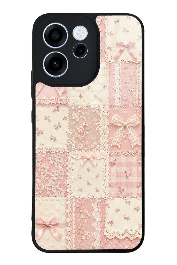 Oppo Reno 15F Glossy Phone Case with Pink Lace Patchwork Design