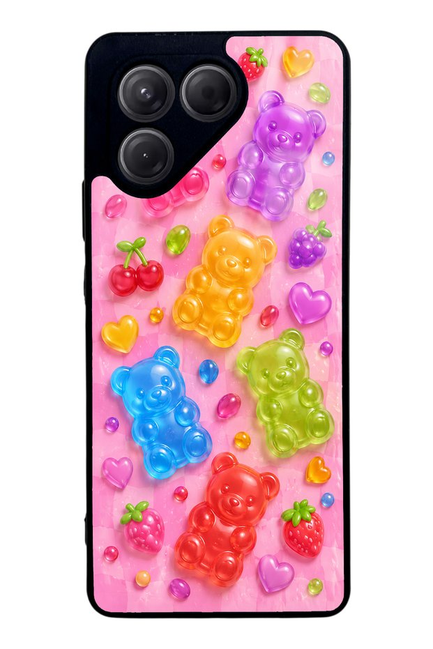 Tecno Pova 7 Glossy Phone Case with Candy Bear Fruits Design