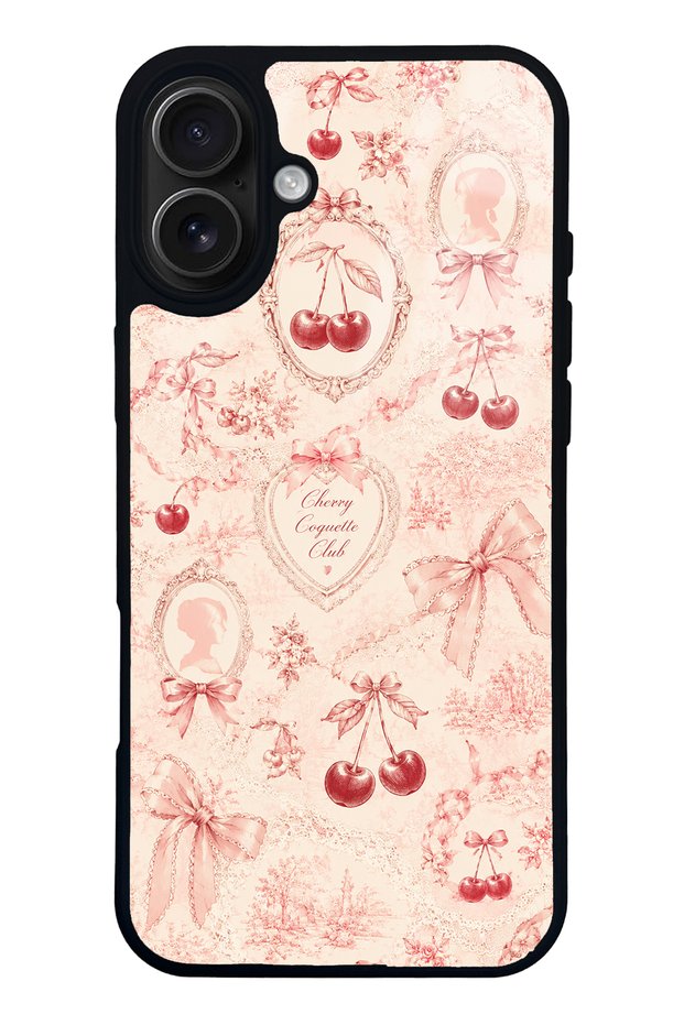 iPhone 16 Plus Glossy Phone Case with Cherry Coquette Toile Design