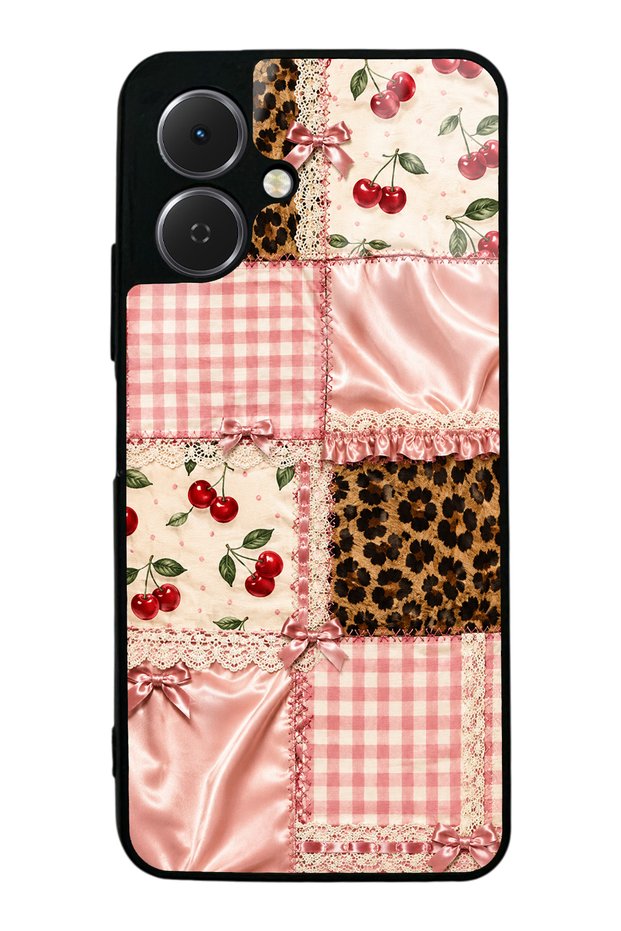 Tecno Spark Go2 Glossy Phone Case with Cherry Leopard Patchwork Design