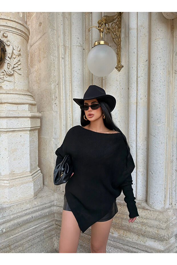 Black Ruffled Soft Asymmetrical Knitwear