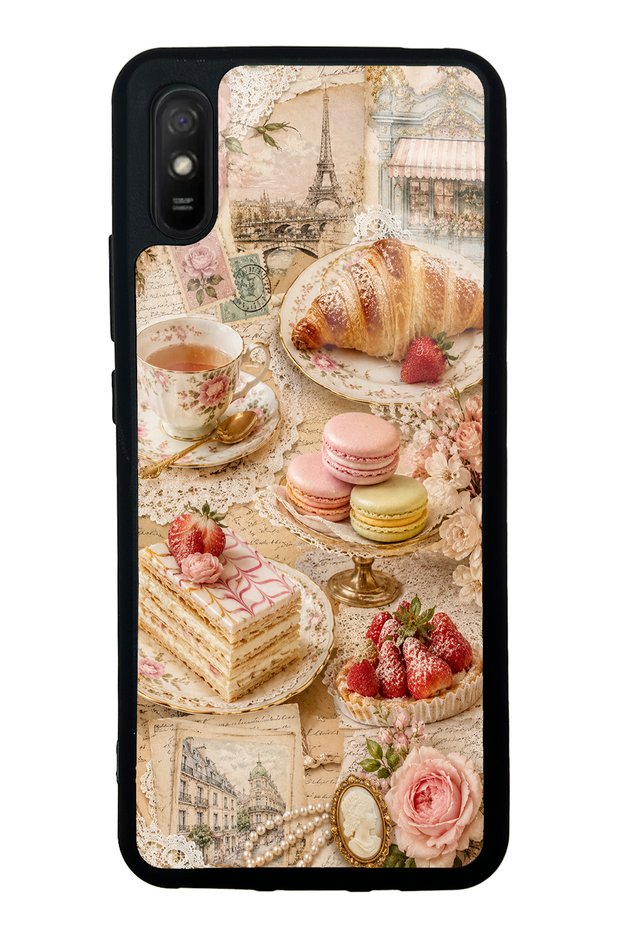حافظة هاتف Xiaomi Redmi 9A بتصميم باريسي لامع بتصميم الشاي والمعجنات