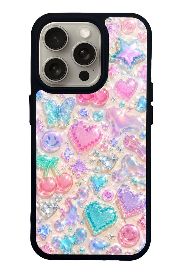 iPhone 15 Pro Y2K Glossy Phone Case with Jelly Charms Design