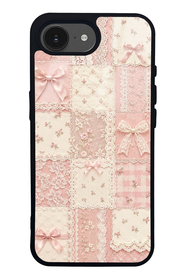 iPhone 16E Glossy Phone Case with Pink Lace Patchwork Design