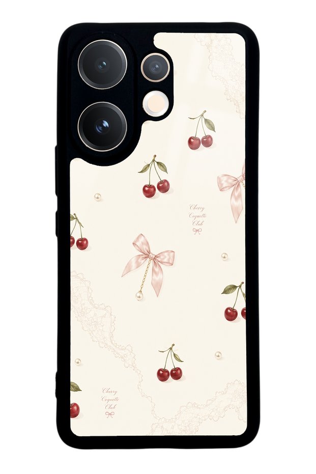 Vivo V60 Glossy Phone Case with Cherry Pearl Lace Design