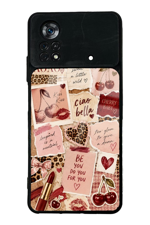 حافظة هاتف لامعة بتصميم Xiaomi Poco X4 Pro Cherry Leopard Notes