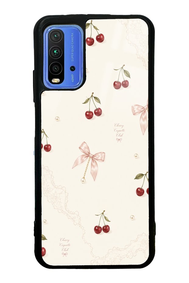 Xiaomi Redmi 9t Glossy Phone Case with Cherry Pearl Lace Design