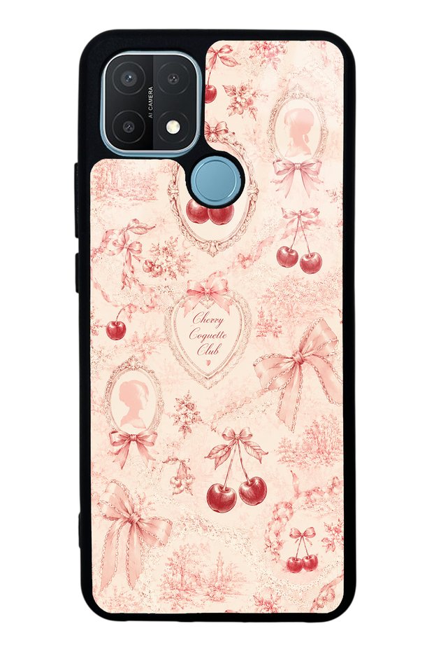 Oppo A15S Glossy Phone Case with Cherry Coquette Toile Design
