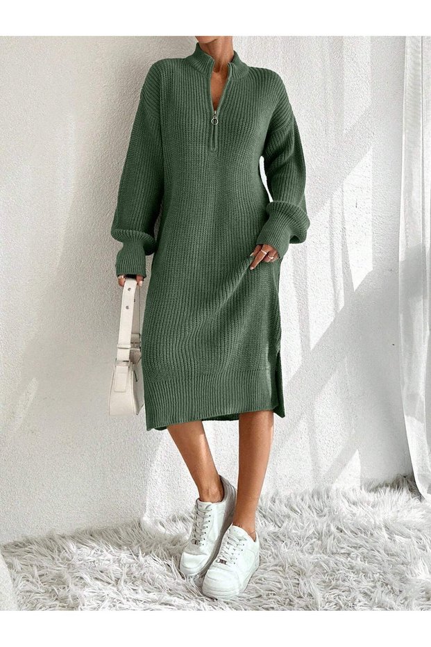 Women's Half Zipper High Neck Oversize Long Sleeve Midi Knitwear Dress