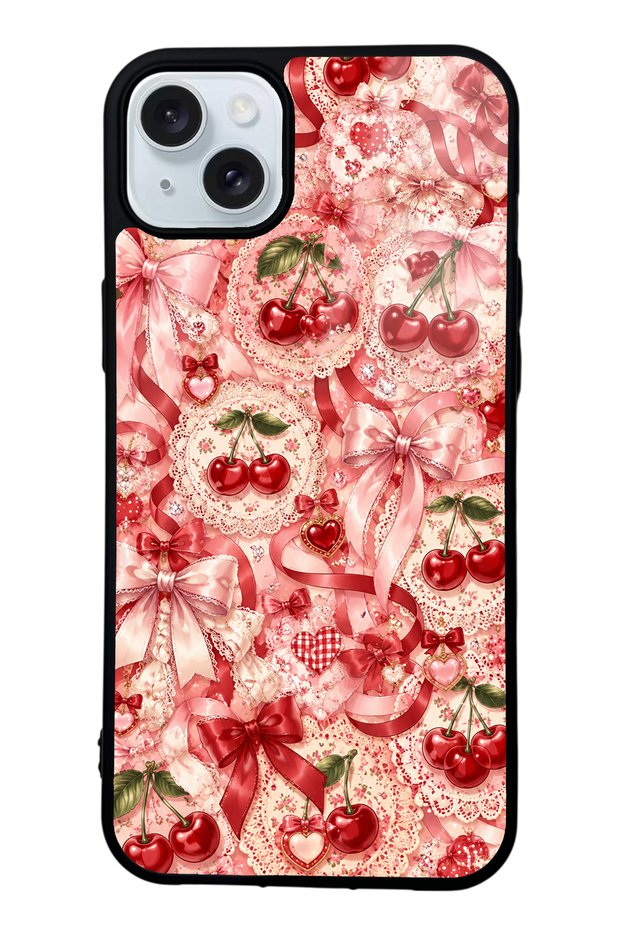 iPhone 15 Plus Glossy Phone Case with Cherry Lace Fantasy Design