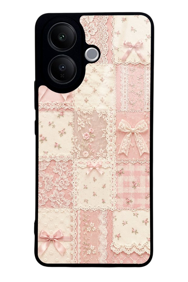 Vivo V60 Lite Glossy Phone Case with Pink Lace Patchwork Design