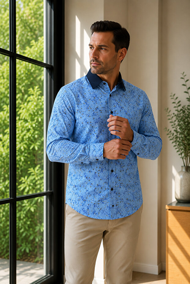 Men's Slim Fit Poplin Shirt Long Sleeve Patterned Cotton Pocketless Hidden Button Collar