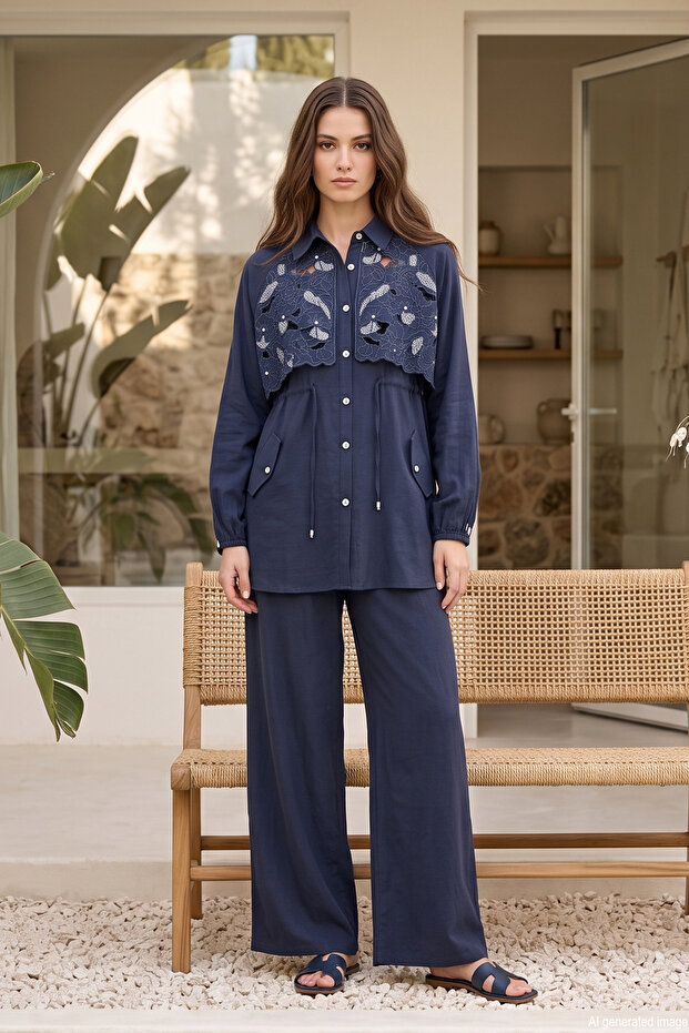 Tuniğin Front Stone Detailed Waist Drawstring Suit 2271 Navy Blue