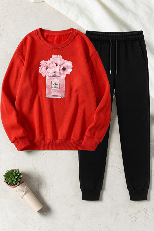 Unisex Design Printed Crew Neck Sweatshirt - 2-Piece Tracksuit Set