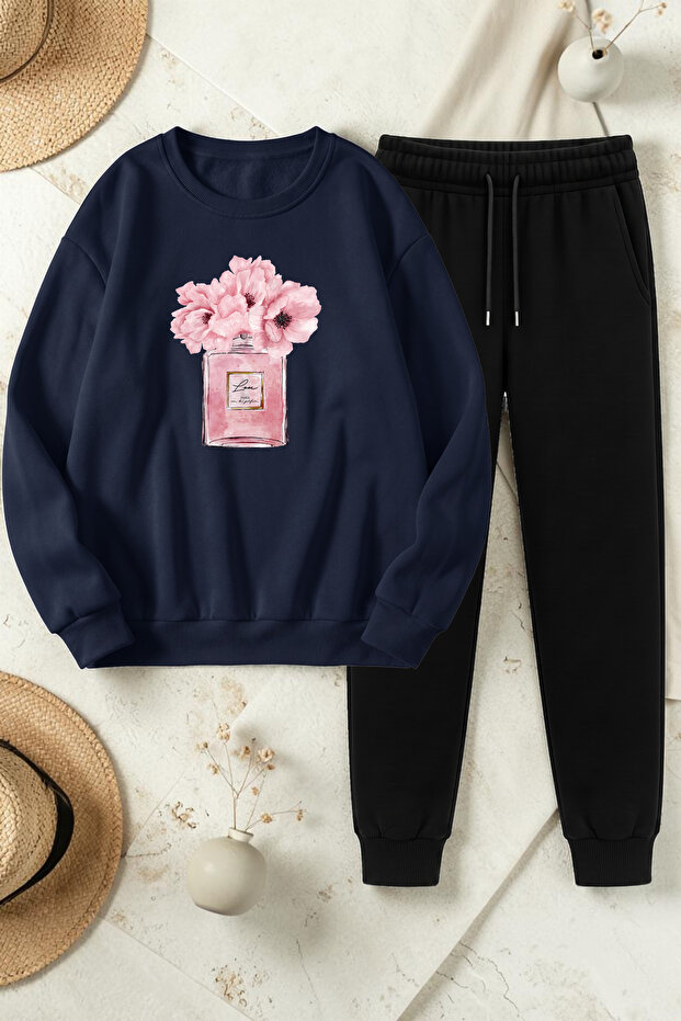 Unisex Design Printed Crew Neck Sweatshirt - 2-Piece Tracksuit Set