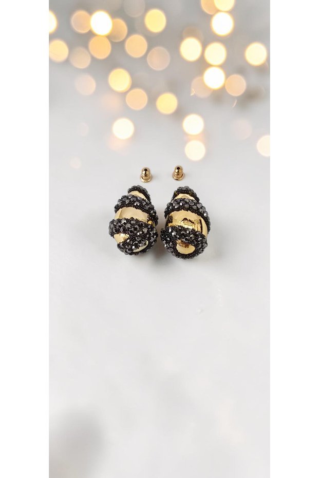 Black Crystal Wrapped Gold Color Drop Steel Earrings - Tarnish Resistant