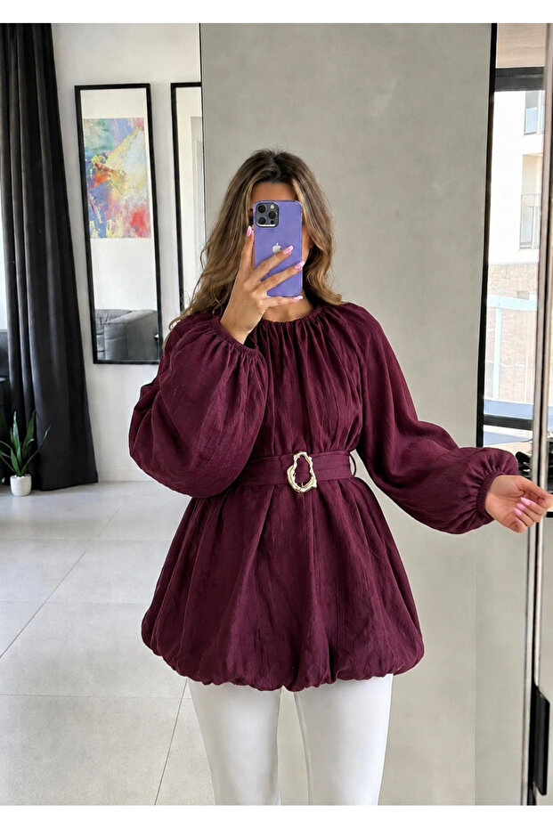 بلوزة مودال بحزام مشبك وربطة عنق