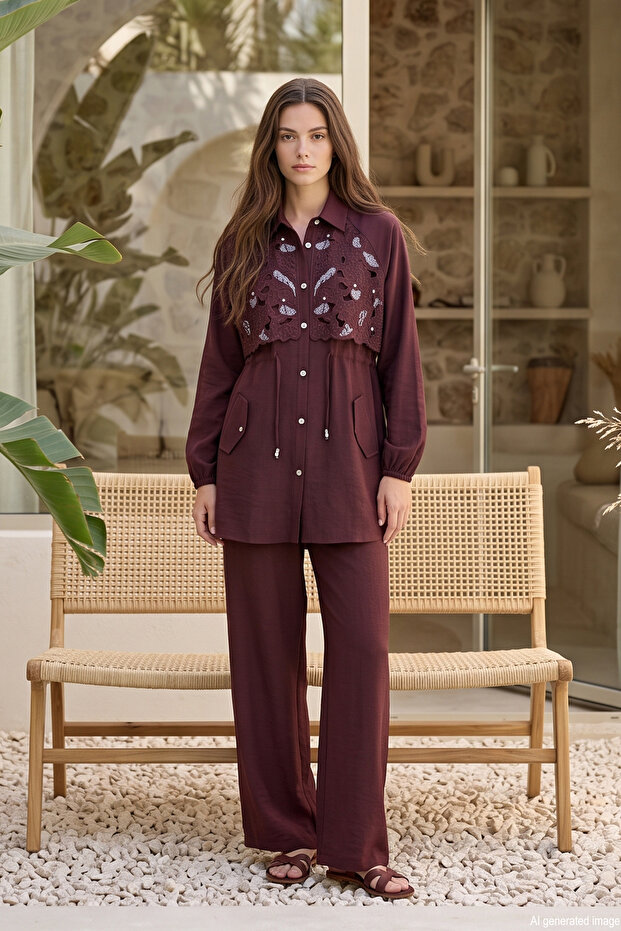 Tuniğin Front Stone Detailed Waist Gathered Suit 2271 Claret Red